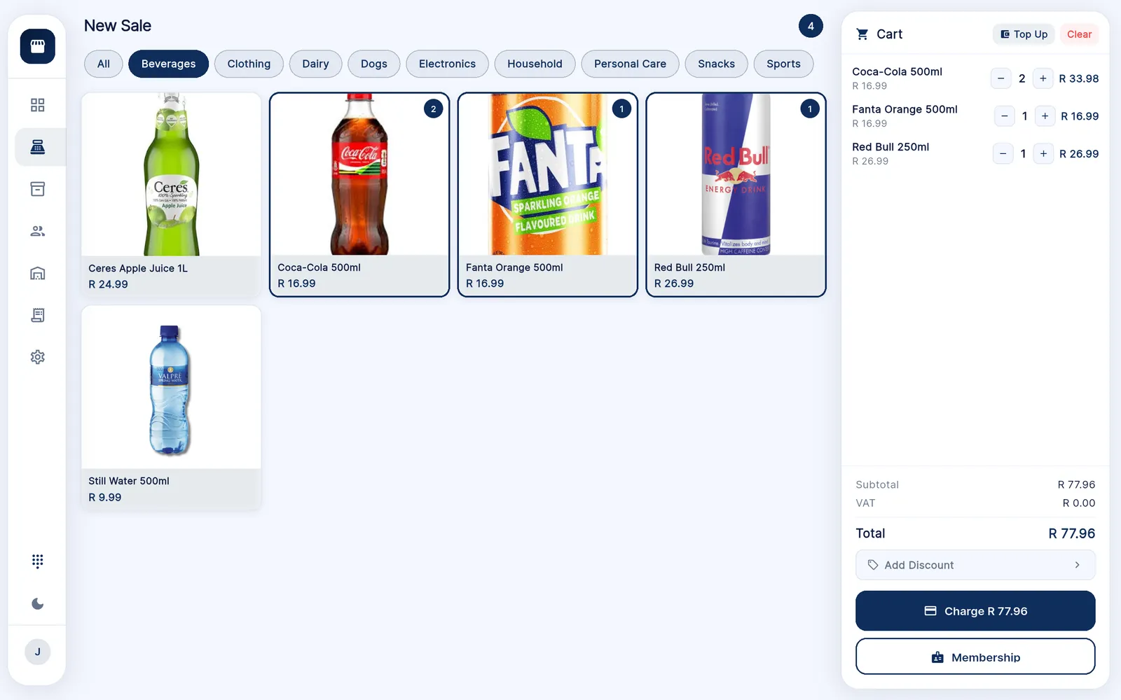 Retaily retail POS checkout with drinks in the cart and a R77.96 total